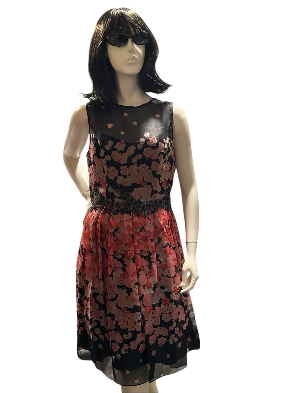 Rickie Freeman xTeri Jon Illusion Floral Coquette Dress Size 12 Pink Peach Black